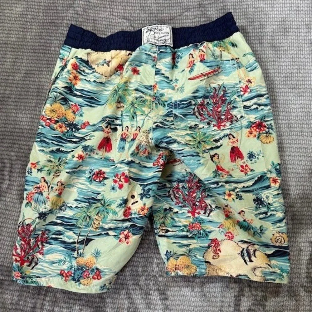 Polo Ralph Lauren Boys Hawaiian Hula Print Swim Trunks Blue Green Size M 24x6